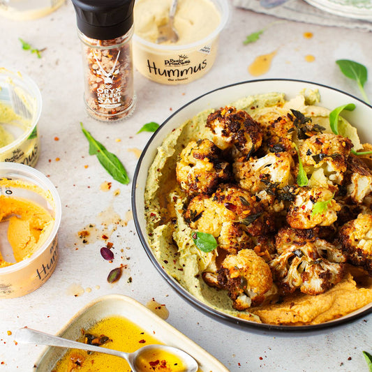 Roasted Cauliflower with Chilli Oil & Triple Hummus